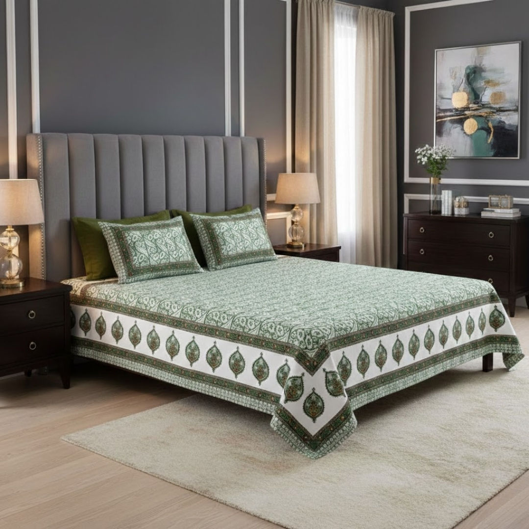 Rustic Rhythms Green Block Print Pure Cotton Double Bedsheet